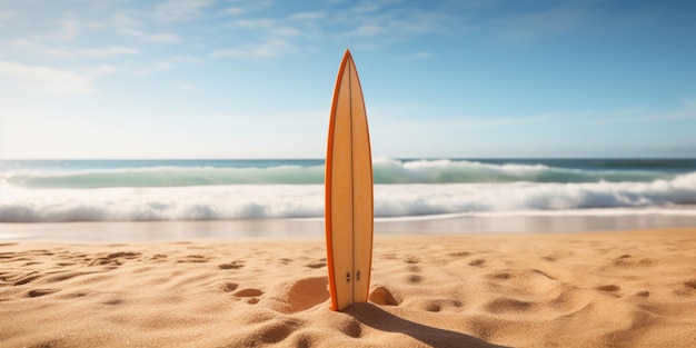 A prancha de surf na areia das ondas do oceano atrás