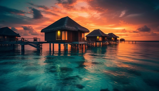 A reflexão tranquila do bangalô mostra a beleza do pôr do sol do Caribe gerada pela IA