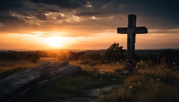 A silhueta cruzada na montanha simboliza o perdão e a espiritualidade gerada pela IA