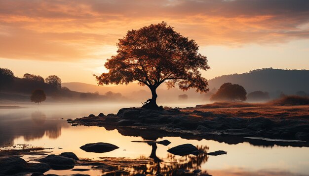 A silhueta do pôr do sol reflete na beleza tranquila da natureza do lago no crepúsculo gerado pela inteligência artificial