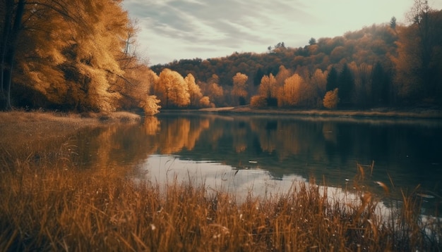 A tranquila floresta de outono reflete a beleza natural multicolorida gerada pela IA