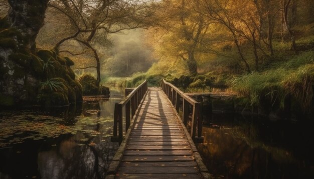 A trilha tranquila da floresta de outono leva à ponte gerada pela IA