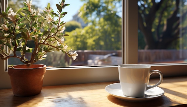 A xícara de café no peitoral da janela traz frescura ao espaço interior gerado pela inteligência artificial