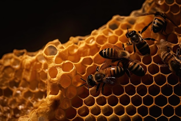 Abelhas em um favo de mel que é feito pela colmeia.