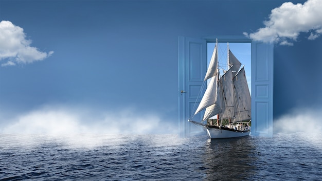 Abertura da porta revelando o barco no mar