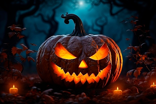 Abóbora assustadora de Halloween na mesa de madeira e fundo escuro