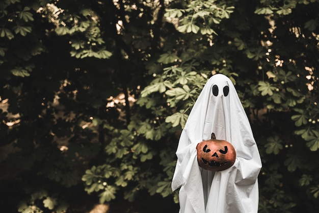 Foto grátis abóbora de exploração fantasma e em pé na floresta