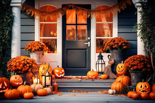 abóboras de Halloween decorando na varanda da casa à noite