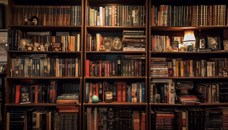 Foto grátis abundante coleção de livros antigos em prateleiras de madeira geradas por ia