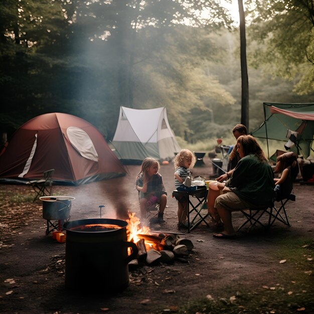 Foto grátis acampamento familiar na floresta em uma noite de verão conceito de acampamento