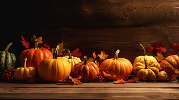 Ação de graças ou cena de outono com folhas de outono de abóboras e bagas na mesa de madeira