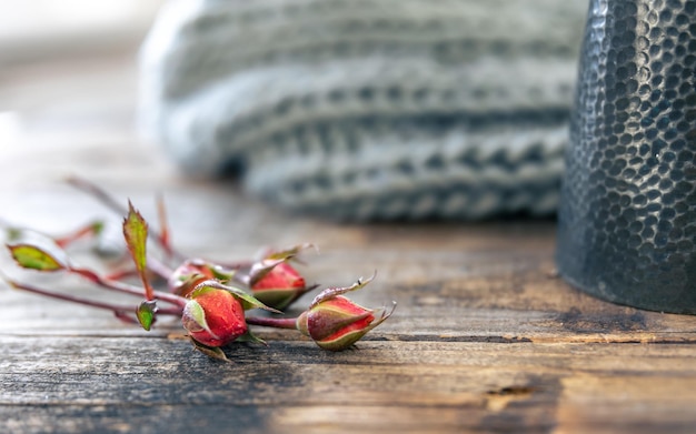 Foto grátis aconchegante fundo doméstico com flores fechadas e espaço de cópia de elemento de malha