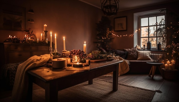 Aconchegante sala de estar iluminada por chamas de velas geradas por IA