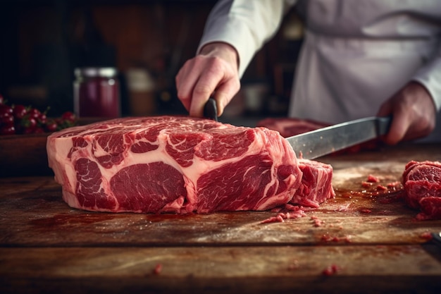 Açougueiro cortando carne fresca em pedaços de perto