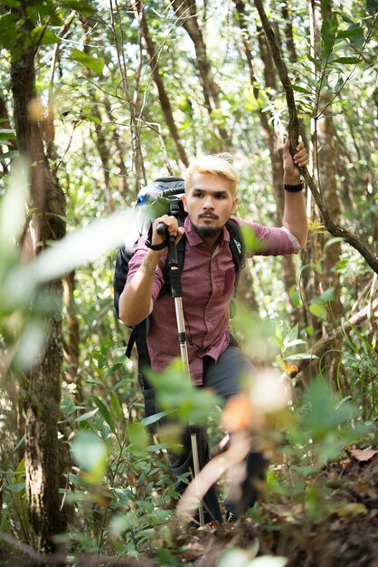 Active young man hiker embora a floresta para a montanha.
