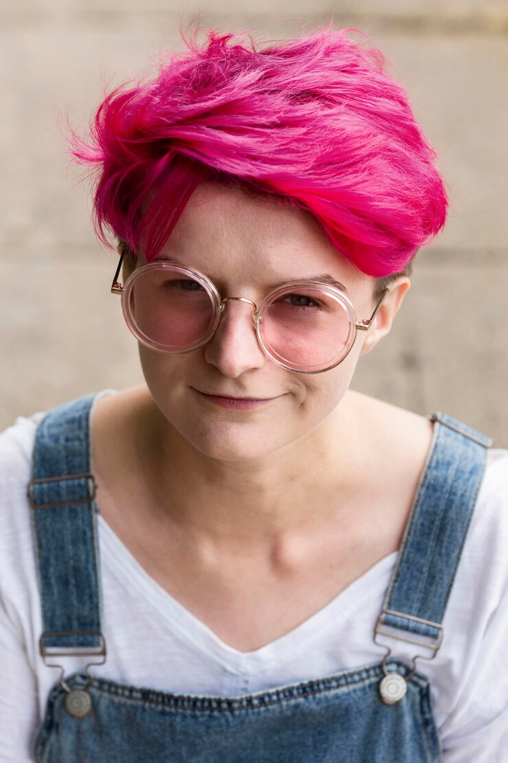 Foto grátis adolescente de alto ângulo sorridente com cabelo rosa