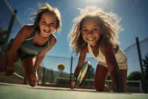 Foto grátis adolescentes bonitos a jogar ténis ou pickleball ao ar livre