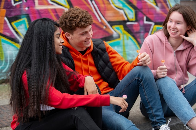 Foto grátis adolescentes sorridentes em filmagens médias ao ar livre