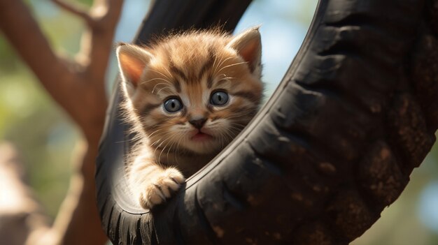 Adorável gatinho com pneu de borracha