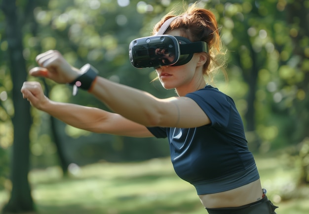 Foto grátis adult doing fitness through virtual reality