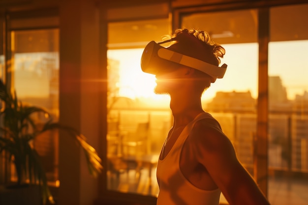 Adultos fazendo fitness através da realidade virtual