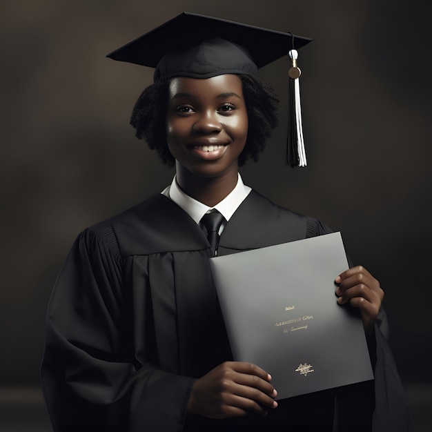 Foto grátis afro-americano graduado segurando diploma e sorrindo para a câmera em fundo escuro