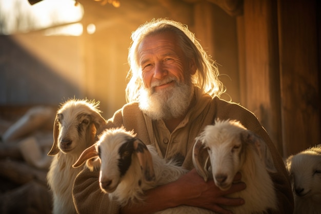 Foto grátis agricultor a cuidar de uma quinta de cabras