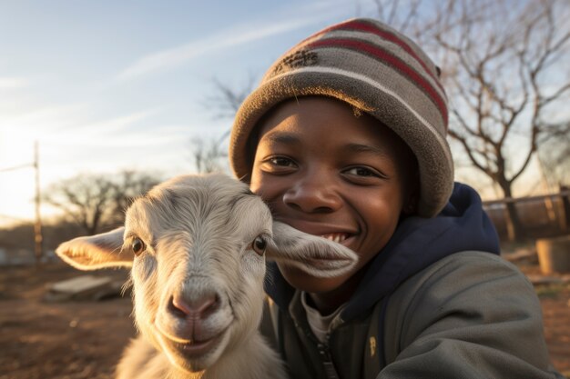 Agricultor cuidando de uma fazenda de cabras fotorrealista