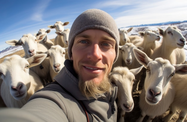 Foto grátis agricultor cuidando de uma fazenda de cabras fotorrealista