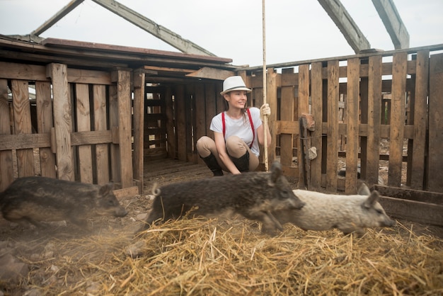 Agricultor cuidar dos porcos em um chiqueiro