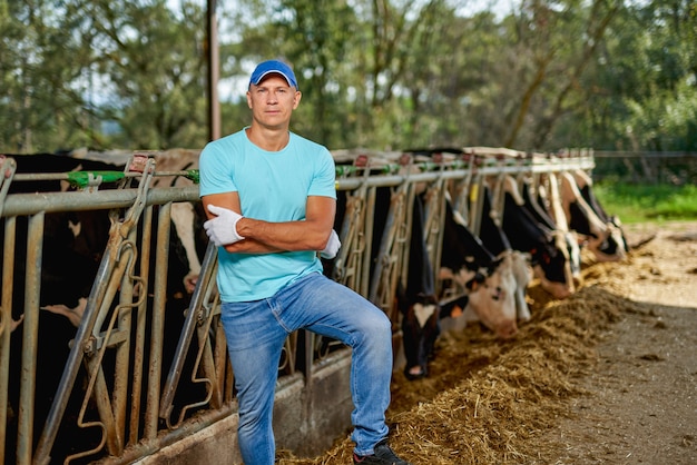 Agricultor de homem está trabalhando em uma fazenda com vacas leiteiras.