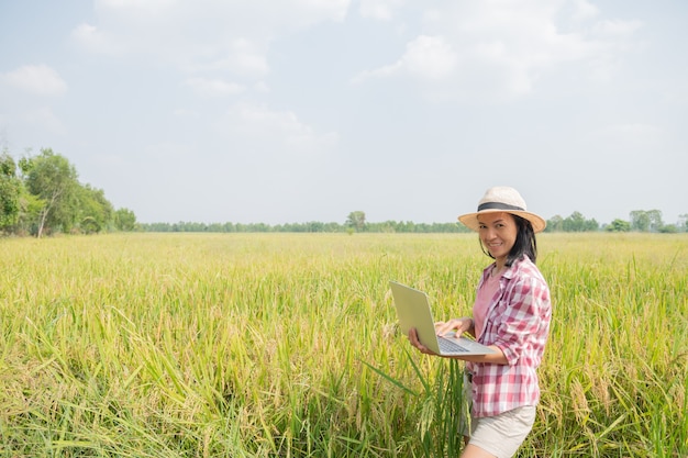 Agricultor feminino jovem asiático com chapéu em pé no campo e digitando no teclado do computador portátil. conceito de tecnologia de agricultura. agricultor usa laptop no campo de arroz dourado para cuidar de seu arroz.