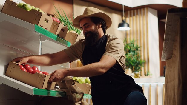 Foto grátis agricultor que fornece vegetais à loja biológica