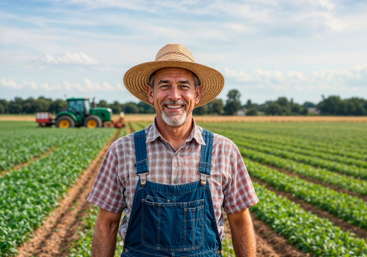 Foto grátis agricultor sorridente num campo com um tractor