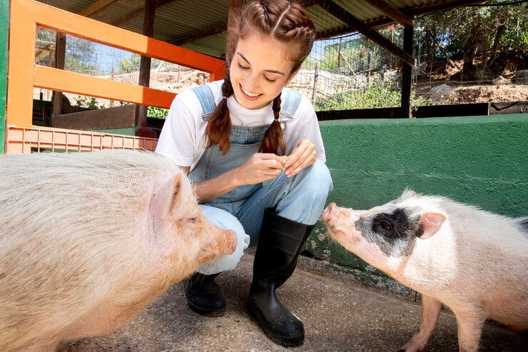 Foto grátis agricultora alimentando os porcos