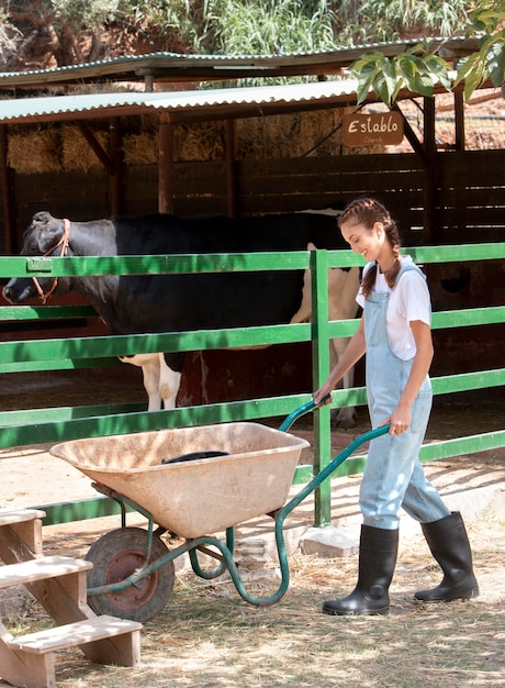 Agricultora cuidando de uma vaca