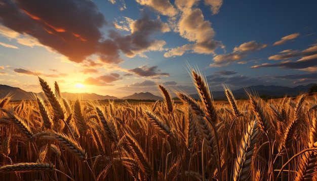 Agricultura com natureza e pôr do sol cena rural verão fazenda sol trigo luz solar gerada por inteligência artificial