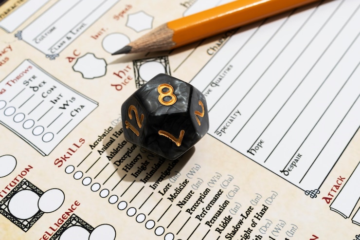 Foto grátis ainda vida de objetos com folha de jogo de rpg
