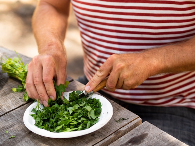 Aipo de corte cozinheiro irreconhecível para salada