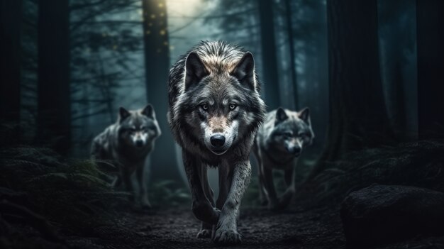 Alcateia de lobos em ambiente natural