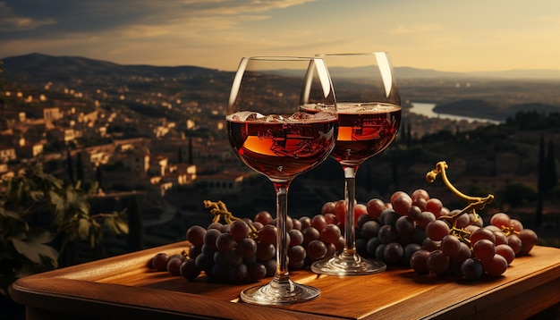 Álcool de uva para vinho com copo de vinho de mesa bebida vinícola vinhedo pôr do sol gerado por inteligência artificial