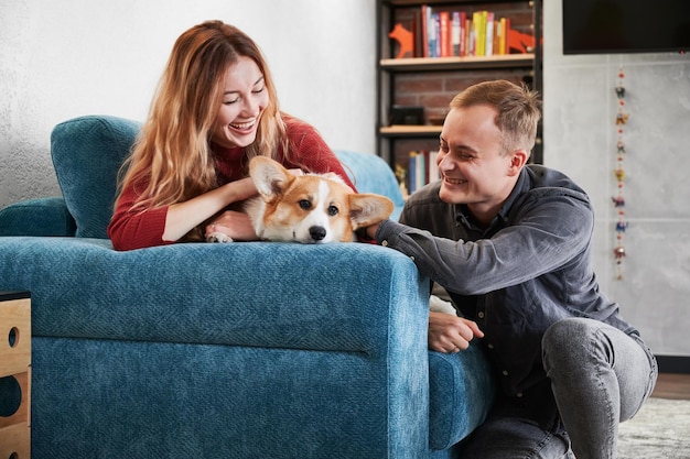 Foto grátis alegre casal jovem acariciando cachorro fofo em casa