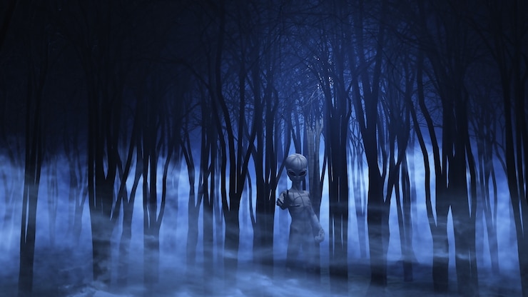 Foto grátis alien 3d em uma floresta nevoenta