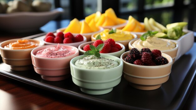 Foto grátis alimentos para bebês em purê em tigelas cercadas de ingredientes frescos em uma mesa de madeira