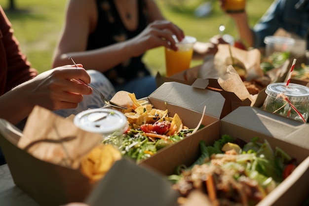 Alimentos pré-preparados apresentando refeições deliciosas prontas para comer em movimento