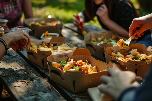 Alimentos pré-preparados apresentando refeições deliciosas prontas para comer em movimento