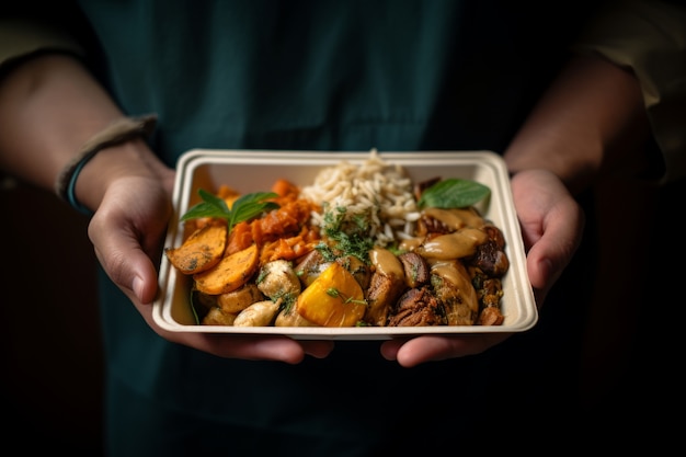 Alimentos pré-preparados apresentando refeições deliciosas prontas para comer em movimento