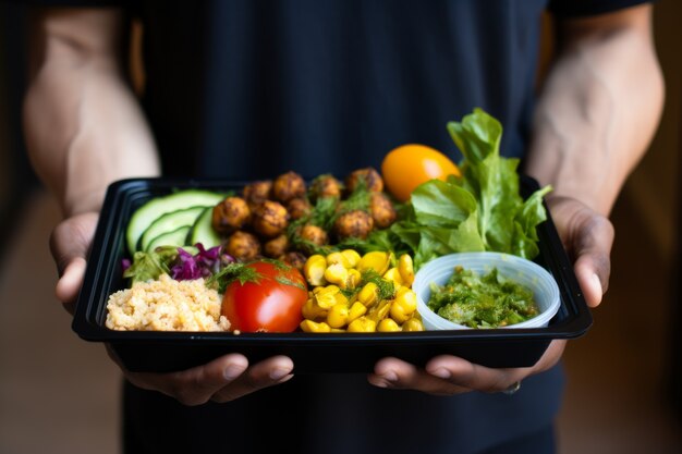 Alimentos pré-preparados apresentando refeições deliciosas prontas para comer em movimento