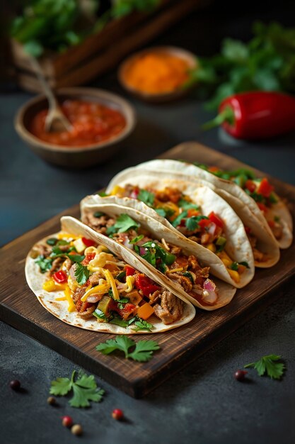 Alimentos pré-preparados apresentando refeições deliciosas prontas para comer em movimento