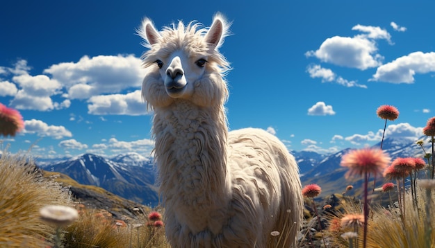 Alpaca fofa pastando em prados montanhosos mostrando a beleza da natureza gerada pela inteligência artificial